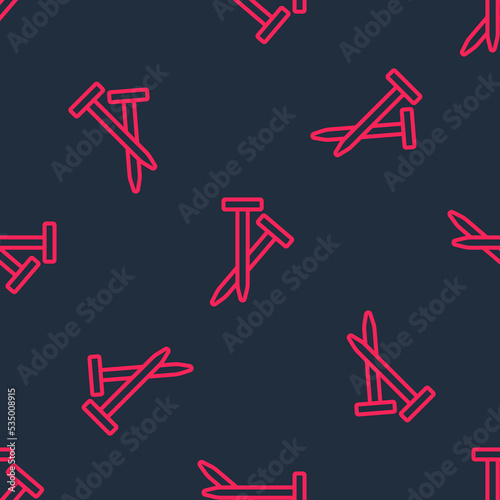 Red line Metallic nails icon isolated seamless pattern on black background. Vector