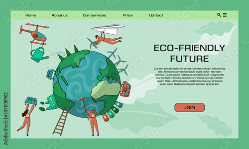 Earth landing page. Eco friendly world. Website design. Garbage recycle and renewable electricity generation. Green planet environment. Nature and ecology infographic. Vector concept