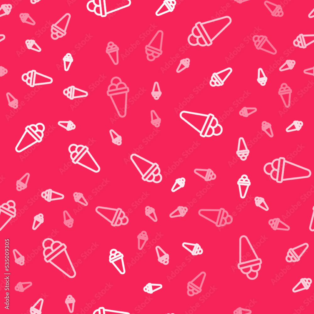 White line Ice cream in waffle cone icon isolated seamless pattern on red background. Sweet symbol. Vector White line Ice cream in waffle cone icon isolated seamless pattern on red background. Sweet symbol. Vector