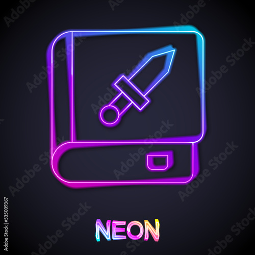 Glowing neon line Book about weapon icon isolated on black background. Small firearm. Weapon catalog. Vector