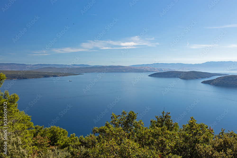 view from Cres over the adriatic sea to Krk island and Losinj island in Croatia