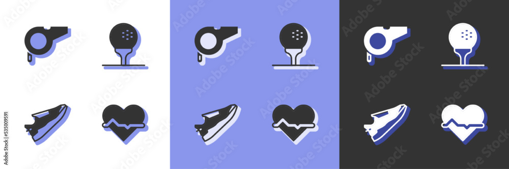 Set Heart rate, Whistle, Fitness sneakers shoes and Golf ball on tee icon. Vector Set Heart rate, Whistle, Fitness sneakers shoes and Golf ball on tee icon. Vector