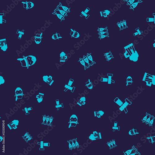 Set Oktoberfest man, Wooden beer mug, Dried fish and Beer tap on seamless pattern. Vector
