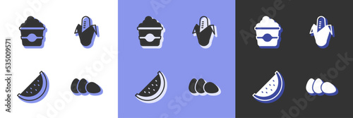 Set Chicken egg, Popcorn in cardboard box, Watermelon and Corn icon. Vector