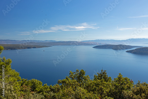 view from Cres over the adriatic sea to Krk island and Losinj island in Croatia
