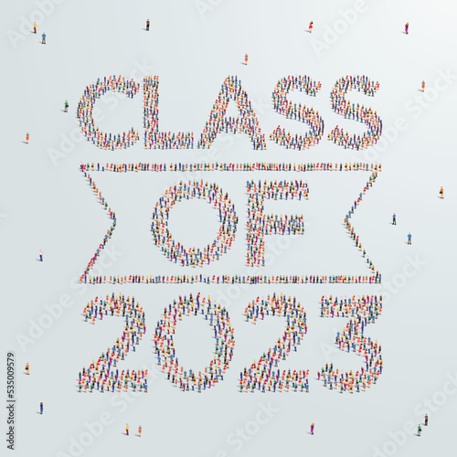 Class or Graduate of 2023. Large group of people form to create class of 2023. Vector illustration. Template for graduation design, party, high school or college graduate, yearbook.