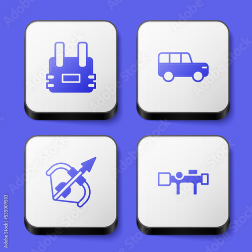 Set Bulletproof vest, Safari car, Medieval bow and arrow and Sniper optical sight icon. White square button. Vector
