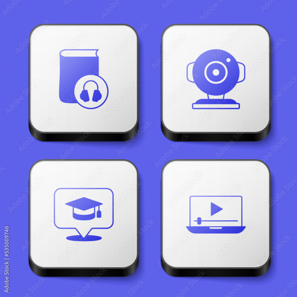 Set Audio book, Web camera, Graduation cap in speech bubble and Online play video icon. White square button. Vector Set Audio book, Web camera, Graduation cap in speech bubble and Online play video icon. White square button. Vector