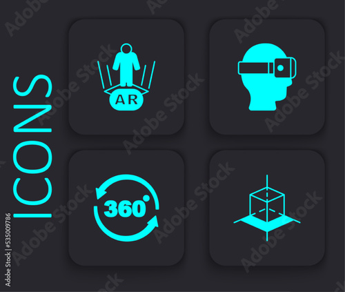 Set 3d modeling, Augmented reality AR, Virtual glasses and 360 degree view icon. Black square button. Vector