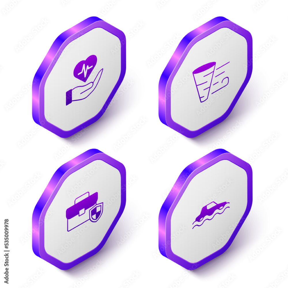 Set Isometric Life insurance in hand, Tornado, Briefcase with shield and Flood car icon. Purple hexagon button. Vector Set Isometric Life insurance in hand, Tornado, Briefcase with shield and Flood car icon. Purple hexagon button. Vector