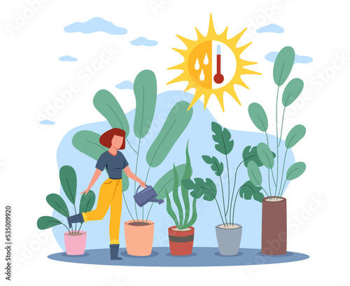 Growing caring plants, garden, humidity and temperature control. Woman watering houseplants. Happy young girl and house foliage. People indoors hobby. Vector cartoon flat isolated concept