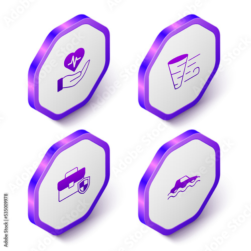 Set Isometric Life insurance in hand, Tornado, Briefcase with shield and Flood car icon. Purple hexagon button. Vector