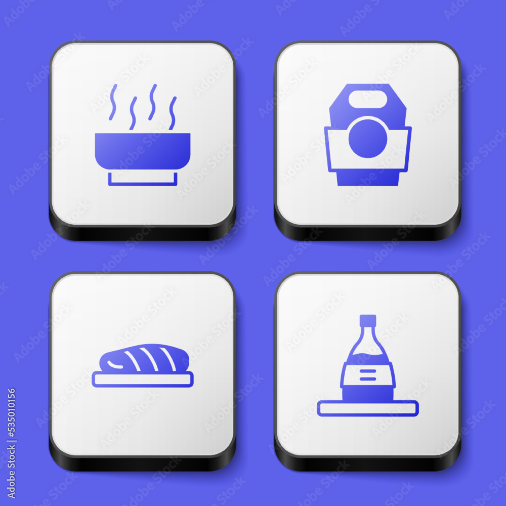 Set Ramen soup bowl, Asian noodles in paper box, Fish steak and Bottle of sake icon. White square button. Vector Set Ramen soup bowl, Asian noodles in paper box, Fish steak and Bottle of sake icon. White square button. Vector