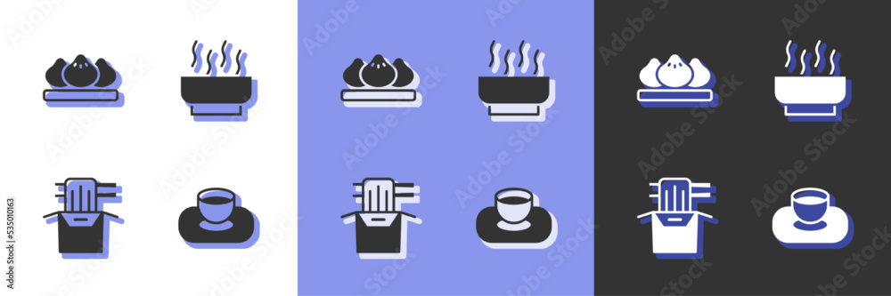 Set Soy sauce in bowl, Dumpling, Asian noodles paper box and Ramen soup icon. Vector