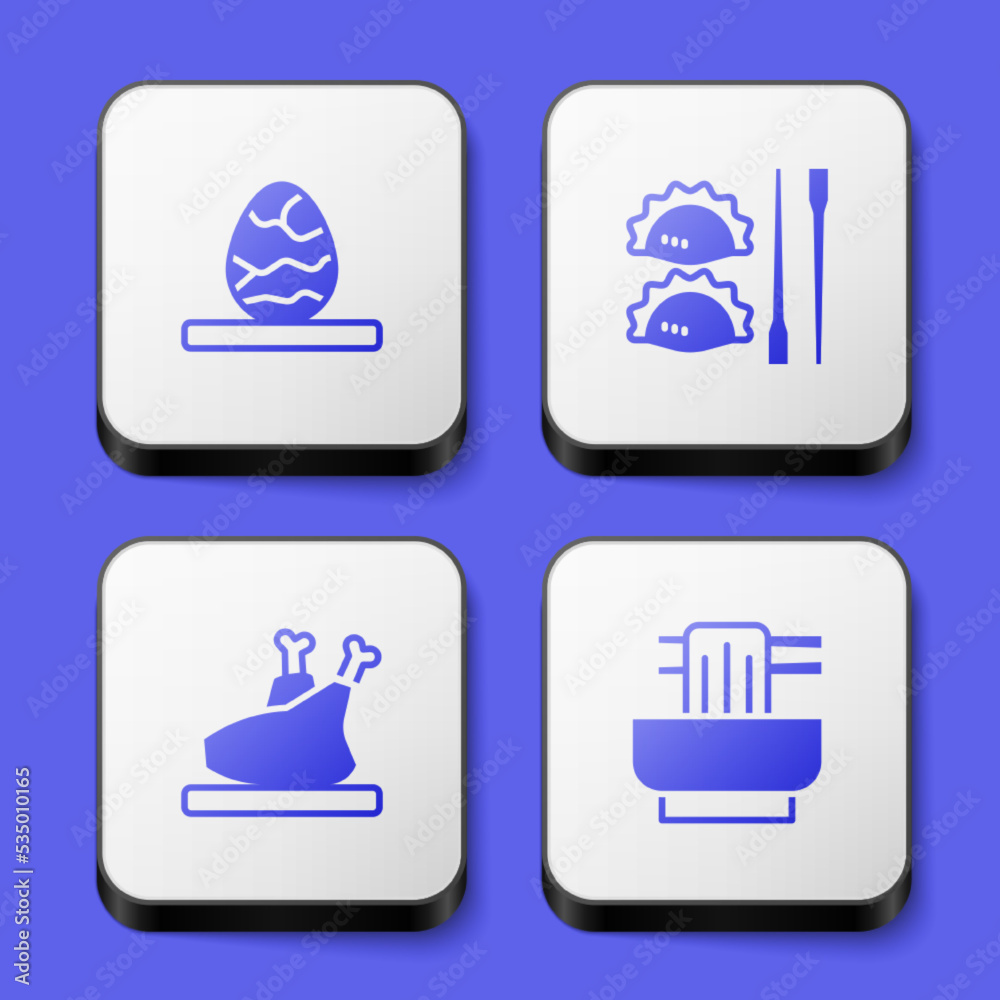 Set Chinese tea egg, Dumpling with chopsticks, Roasted turkey or chicken and Asian noodles bowl icon. White square button. Vector