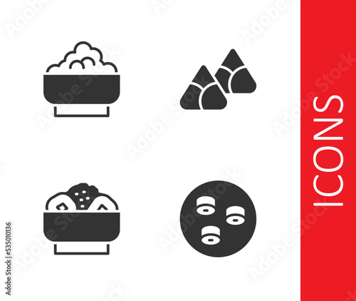 Set Sushi, Rice in a bowl, Chow mein on plate and Zongzi bamboo steamer icon. Vector