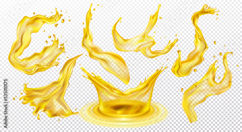 Oil splash, apple juice, yellow beer. Liquid lemon water or tea in motion, honey drips and drop flow, natural fruit lemonade. Petrol or lubricant. Transparent water waves. Vector background