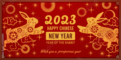 Holiday new year poster. Chinese red 2023 greeting card with gold silhouette rabbits, traditional zodiacal asian symbol, lunar calendar animal, web banner template, tidy vector concept