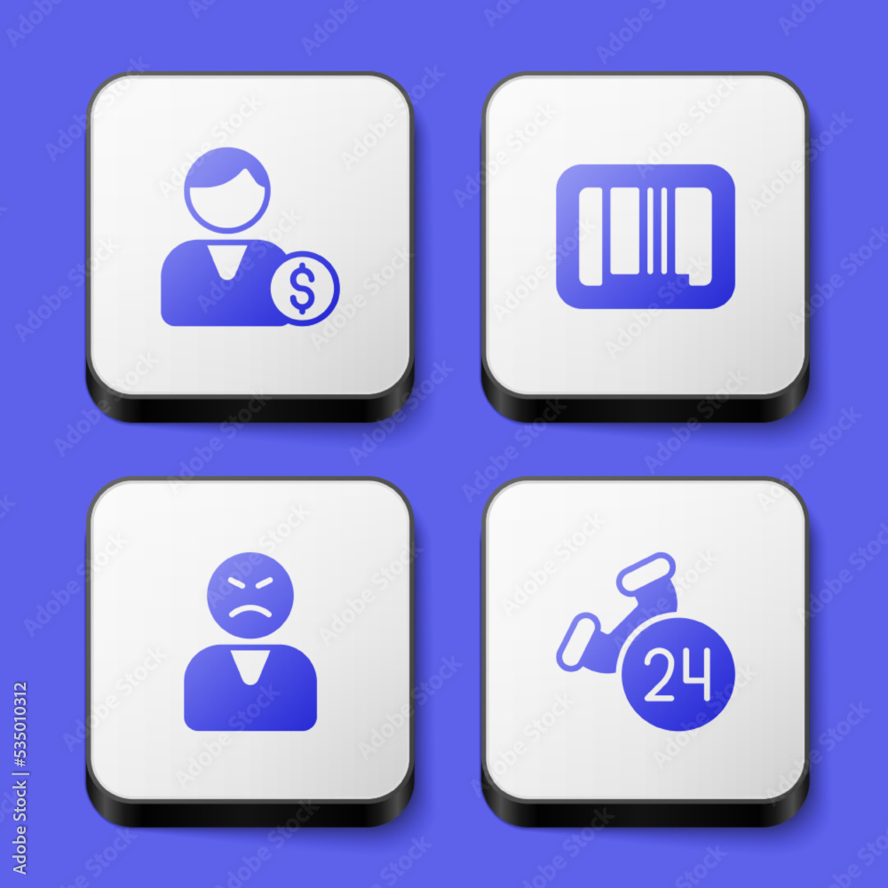 Set Buyer, Barcode, Angry customer and Telephone 24 hours support icon. White square button. Vector Set Buyer, Barcode, Angry customer and Telephone 24 hours support icon. White square button. Vector