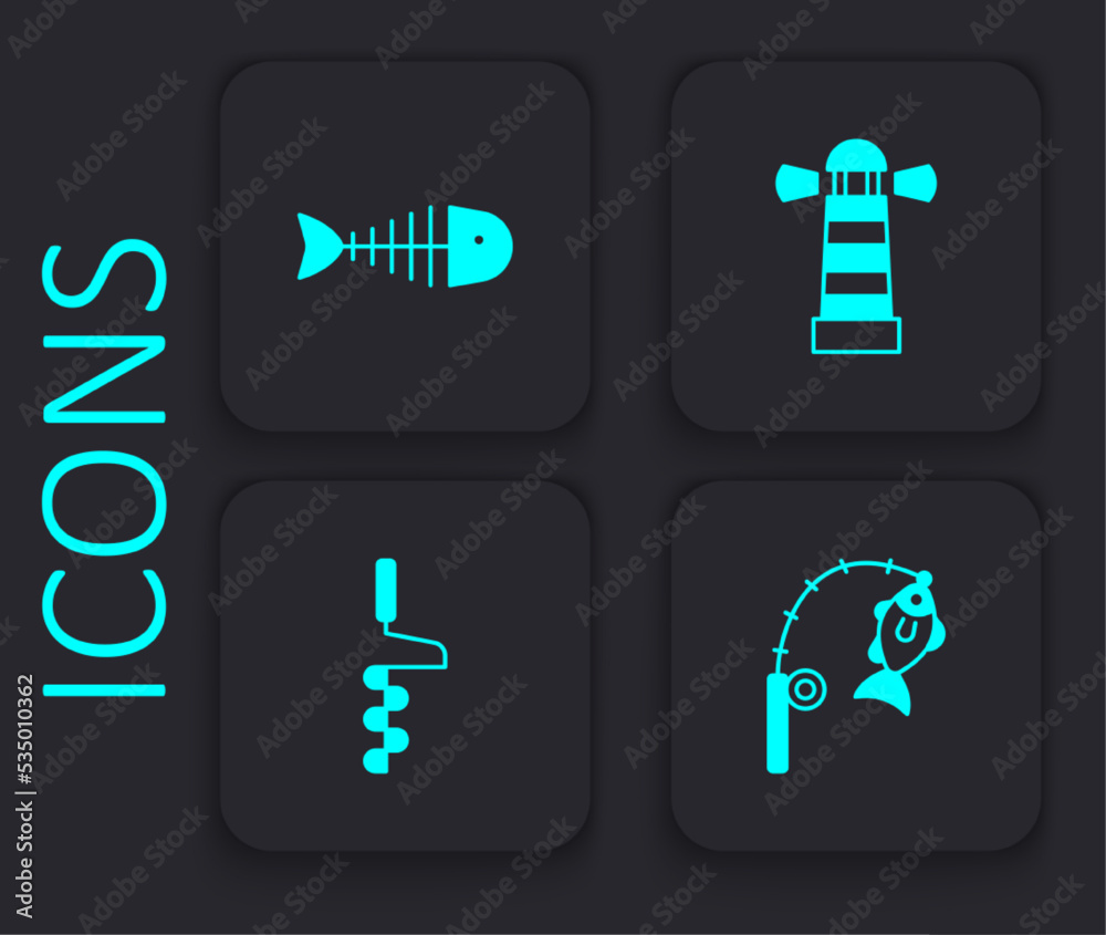 Set Fishing rod and fish, skeleton, Lighthouse and Hand ice drill icon. Black square button. Vector Set Fishing rod and fish, skeleton, Lighthouse and Hand ice drill icon. Black square button. Vector
