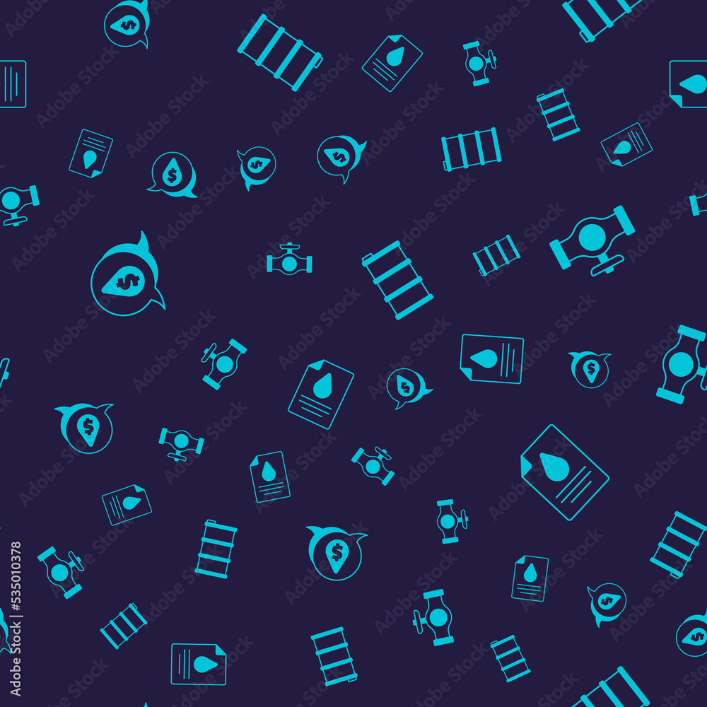 Naklejka premium Set Oil drop with dollar symbol, pipe valve, Barrel oil and Contract money and pen on seamless pattern. Vector