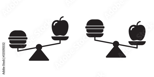 Scale icon wth burger and apple on. Healthy nutrition concept. Flat vector illustration.