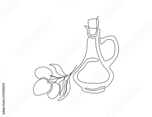 Continuous one line drawing of olives with leaves and Virgin olive oil in the glass bottle line art drawing vector illustration.