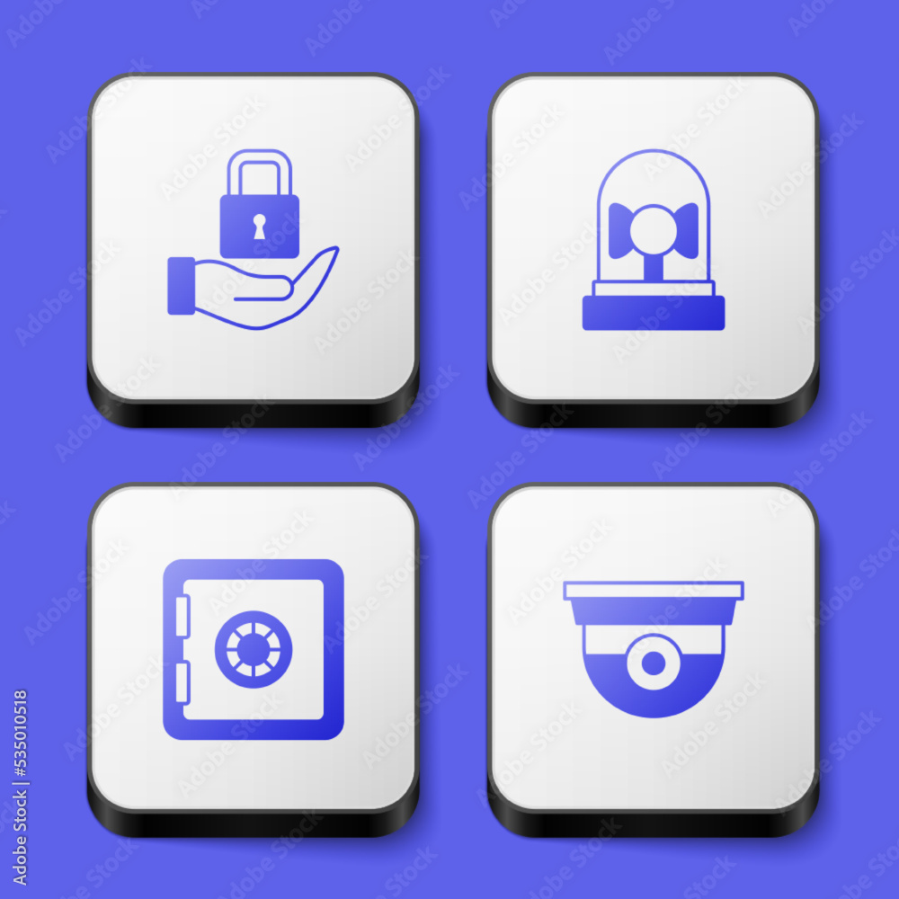 Set Lock, Ringing alarm bell, Safe and Security camera icon. White square button. Vector Set Lock, Ringing alarm bell, Safe and Security camera icon. White square button. Vector