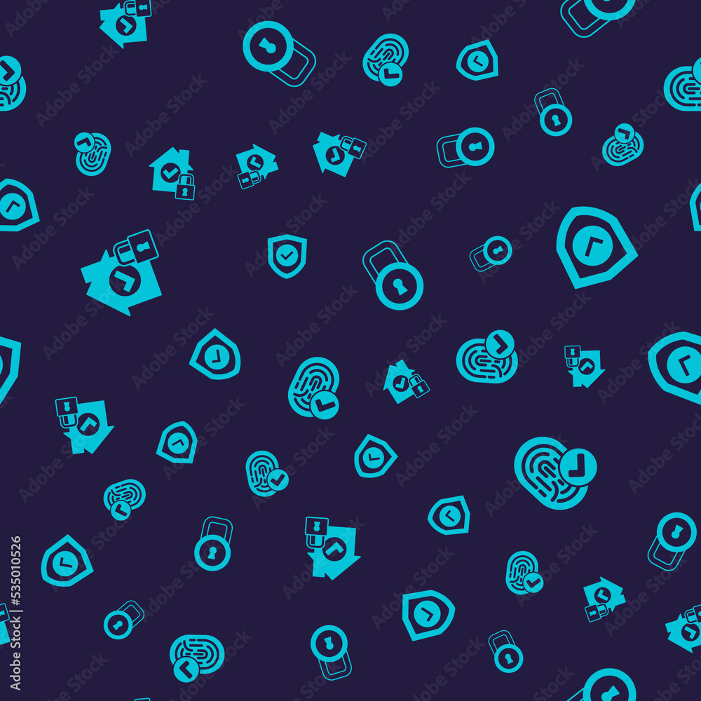 Set House under protection, Shield with check mark, Lock and Fingerprint on seamless pattern. Vector Set House under protection, Shield with check mark, Lock and Fingerprint on seamless pattern. Vector