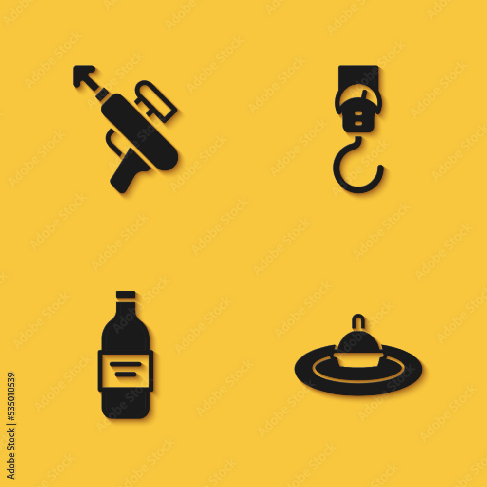 Set Fishing harpoon, float water, Bottle of vodka and Spring scale icon with long shadow. Vector