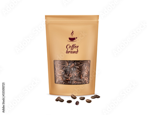Paper bag, kraft pouch package. Coffee 3d mockup, stand up design, craft zip packet. Realistic zipper sachet front view with brown beans. Product packs isolated vector illustration template