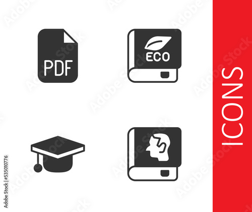 Set Law book, PDF file document, Graduation cap and Book about ecology icon. Vector