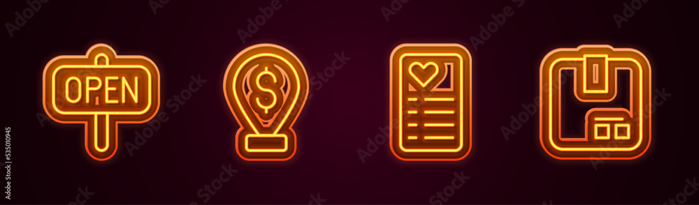 Set line Hanging sign with text Open, Cash location pin, Shopping list and Carton cardboard box. Glowing neon icon. Vector Set line Hanging sign with text Open, Cash location pin, Shopping list and Carton cardboard box. Glowing neon icon. Vector