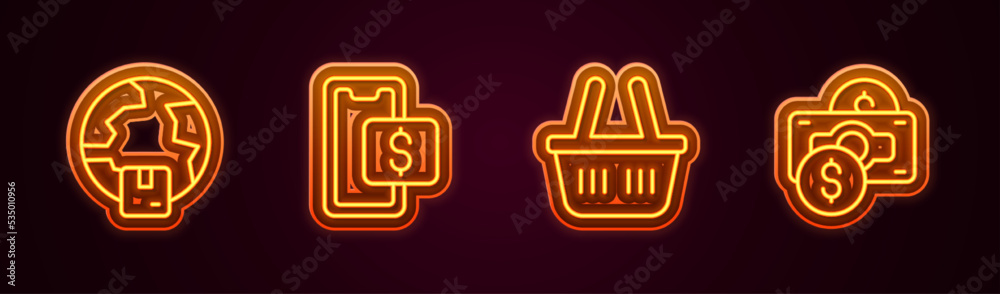 Set line Worldwide shipping, Mobile shopping, Shopping basket and Stacks paper money cash. Glowing neon icon. Vector Set line Worldwide shipping, Mobile shopping, Shopping basket and Stacks paper money cash. Glowing neon icon. Vector