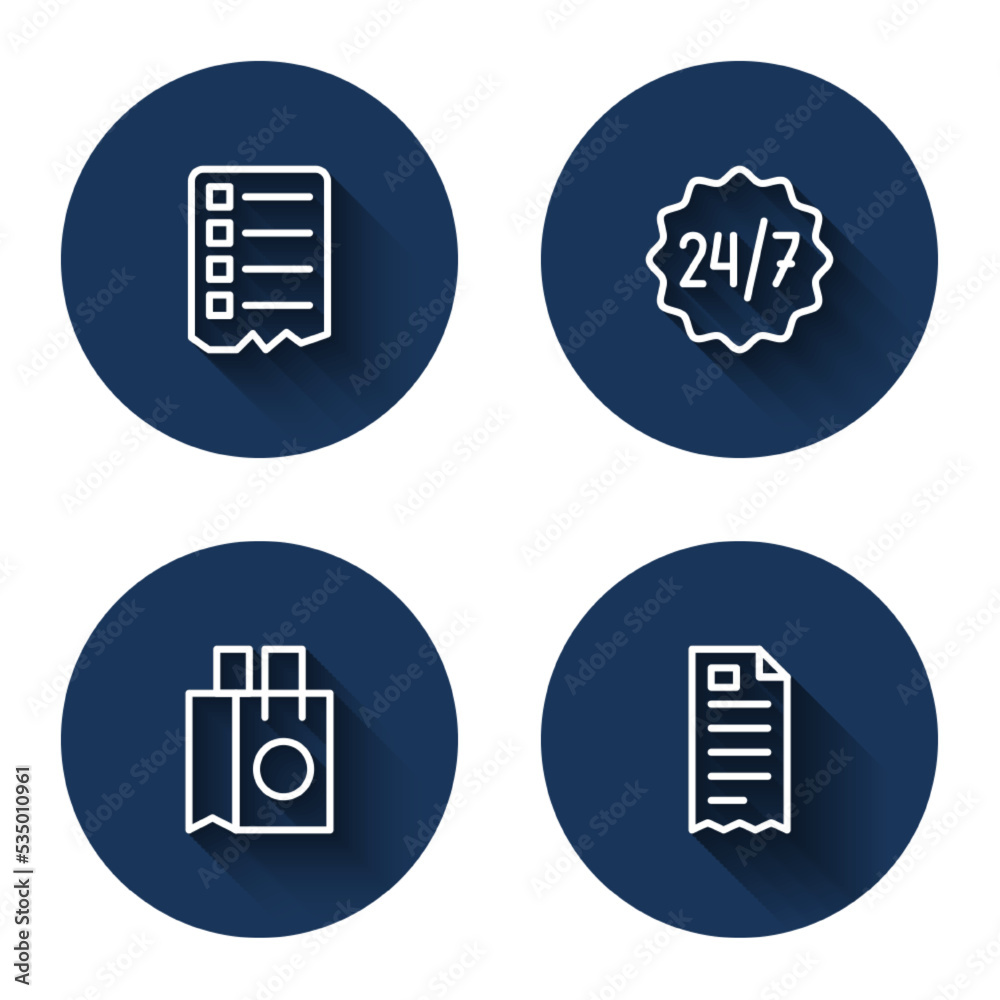 Set line Shopping list, Clock 24 hours, Paper shopping bag and Financial check with long shadow. Blue circle button. Vector Set line Shopping list, Clock 24 hours, Paper shopping bag and Financial check with long shadow. Blue circle button. Vector