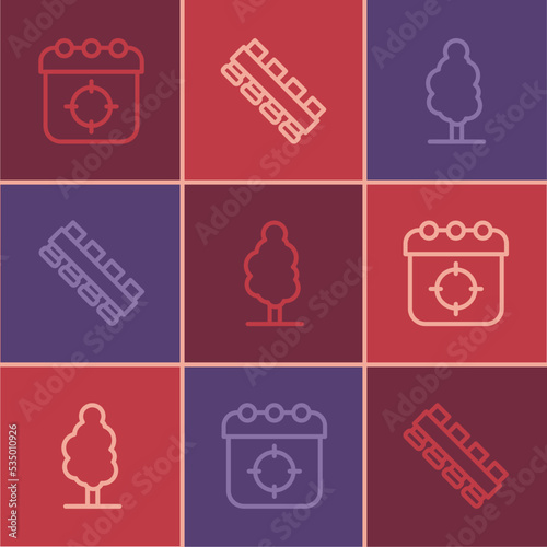 Set line Target sport, Tree and Hunting cartridge belt icon. Vector