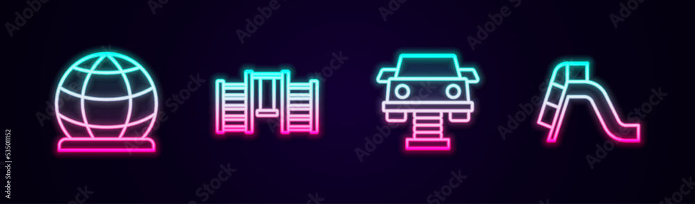 Set line Playground climbing equipment, Swedish wall, Swing car and Slide playground. Glowing neon icon. Vector Set line Playground climbing equipment, Swedish wall, Swing car and Slide playground. Glowing neon icon. Vector