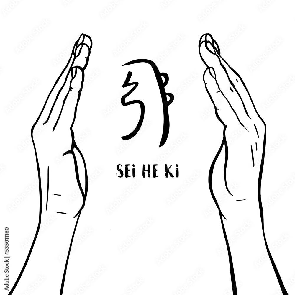 Reiki symbol. A sacred sign SEI HE KI. A hand holds Reiki SEI HE KI