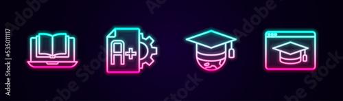 Set line Online class, Exam sheet with A plus grade, Graduation cap on globe and education. Glowing neon icon. Vector