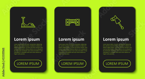 Set line Bumper car, Playground kids bridge and Toy horse. Business infographic template. Vector