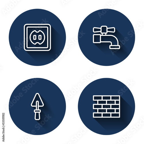 Set line Electrical outlet, Water tap, Trowel and Bricks with long shadow. Blue circle button. Vector
