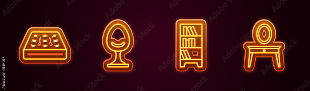 Set line Mattress, Armchair, Library bookshelf and Dressing table. Glowing neon icon. Vector Set line Mattress, Armchair, Library bookshelf and Dressing table. Glowing neon icon. Vector