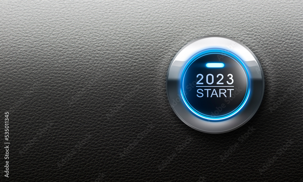 Blue illuminated start button year 2023 - 3D illustration - obrazy, fototapety, plakaty 