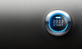 Blue illuminated start button year 2023 - 3D illustration