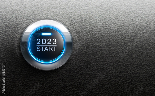 Blue illuminated start button year 2023 - 3D illustration