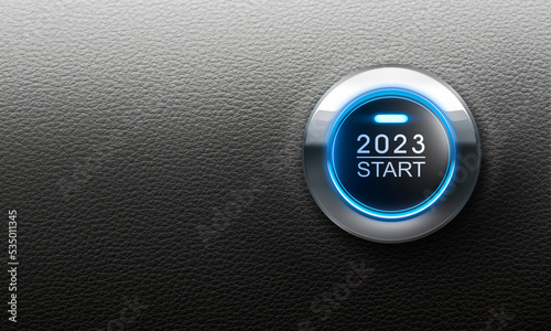 Blue illuminated start button year 2023 - 3D illustration photo