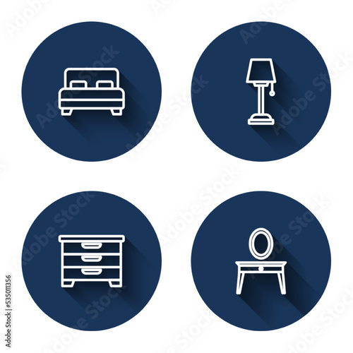 Set line Big bed, Floor lamp, Chest of drawers and Dressing table with long shadow. Blue circle button. Vector