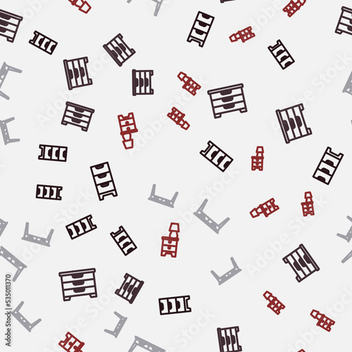Set line Chest of drawers, Office desk and Furniture nightstand with lamp on seamless pattern. Vector