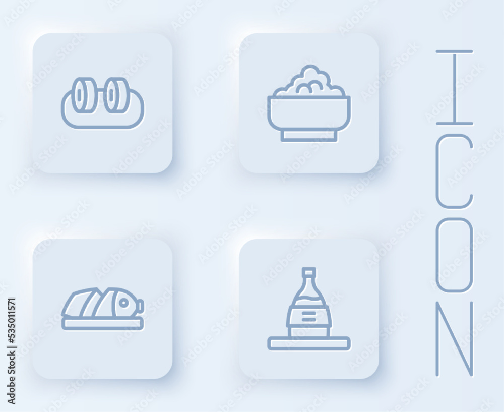 Set line Sushi, Rice in a bowl, Fish with sliced pieces and Bottle of sake. White square button. Vector