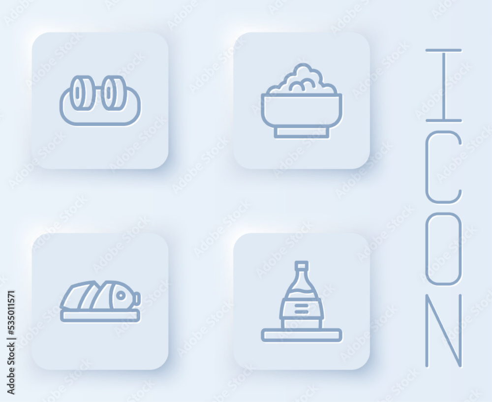 Set line Sushi, Rice in a bowl, Fish with sliced pieces and Bottle of sake. White square button. Vector Set line Sushi, Rice in a bowl, Fish with sliced pieces and Bottle of sake. White square button. Vector